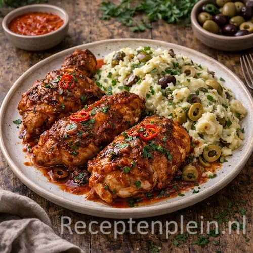 Kruidige Kip Piri Piri met Olijvenaardappelpuree op rustieke houten tafel