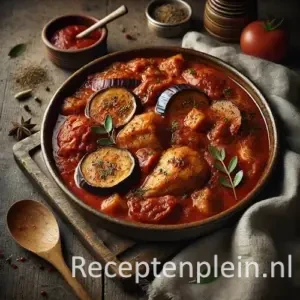 Zeer realistische foodfoto van kruidige kip in rijke tomatensaus met aubergine in een diepe keramieken ovenschaal op een rustieke houten tafel. Malse stukken kip liggen in een dikke rode saus met zichtbare kruiden en kleine oliedruppels aan de oppervlakte. Plakken aubergine met licht gekaramelliseerde snijvlakken zijn deels ondergedompeld in de saus. Er zijn subtiele sausspatten langs de rand van de schaal en enkele kruimels en kruidenblaadjes op tafel. Op de achtergrond staan een houten lepel, een schaaltje extra tomatensaus en een gekreukelde linnen doek in zacht natuurlijk daglicht.
