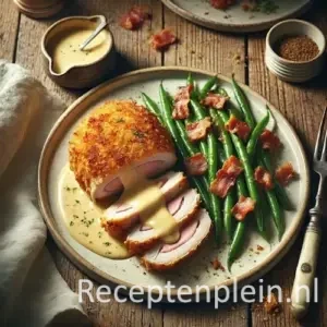 Zeer realistische foodfoto van een kip cordon bleu op een licht keramieken dinerbord op een rustieke houten tafel. De krokant gepaneerde kip is opengesneden waardoor gesmolten kaas en ham zichtbaar zijn, met een romige saus die losjes over het vlees en het bord uitvloeit. Daarnaast liggen licht gebakken sperziebonen met knapperige spekjes, onregelmatig verdeeld. Er liggen wat broodkruimels op het bord en enkele op de tafel. Op de achtergrond staan een sauskom, peper- en zoutmolens en een gekreukelde linnen doek in zacht natuurlijk daglicht.