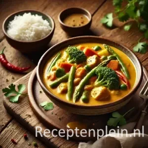 Natuurlijk ogende foodfoto van romige kipcurry met groenten in een keramische kom op een warm bruine houten tafel met duidelijke houtstructuur, geserveerd met witte rijst, verse koriander en subtiele sausdruppel in zacht diffuus daglicht voor een huiselijke sfeer.