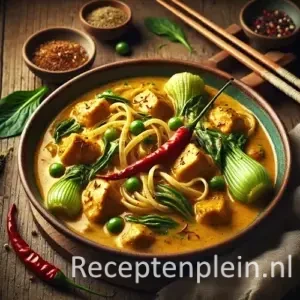 Hyperrealistische foodfoto van romige kipcurry met paksoi en woknoedels in een diepe keramieken kom op een rustieke houten tafel. De curry heeft een rijke goudgele saus met malse stukjes kip en glanzende noedels, aangevuld met heldergroene paksoi en gegarneerd met rode chili en verse koriander. Naast de kom liggen houten eetstokjes, kleine schaaltjes met specerijen en een linnen doek. Warm natuurlijk licht benadrukt de romige saus en geeft een sfeervolle premium food magazine uitstraling.