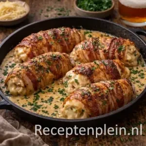Romige Kipfiletrolletjes met Kaas en Katenspek op rustieke houten tafel