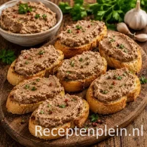 Romige Kippenleverpaté op Crostini op een rustieke houten tafel