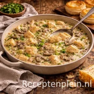 Een volle, zachte kipragout met malse blokjes kip, champignons en doperwtjes in een romige saus op basis van bouillon en room. Perfect om te serveren in pasteibakjes, op geroosterd brood of met vers stokbrood. Ideaal als comfortgerecht of feestelijk voorgerecht.