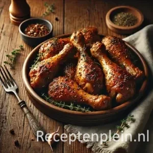 Natuurlijk ogende foodfoto van smaakvolle gemarineerde drumsticks, goudbruin geroosterd met zichtbare kruiden en lichte grillplekjes, geserveerd in een keramische schaal op een warm bruine houten tafel met duidelijke houtstructuur, linnen doek en verse tijm in zacht diffuus daglicht.