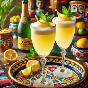 Verfrissende citroensorbetcocktail geserveerd in champagneglazen, met een gesuikerde rand, citroenschilgarnering en omringd door citrusvruchten en een fles mousserende wijn.