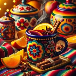Traditionele Glühwein geserveerd in kleurrijke keramische mokken, gegarneerd met sinaasappelschijfjes, kaneelstokjes en steranijs, met zacht opstijgende stoom.