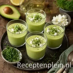 Avocado groentesoep recept op een rustieke houten tafel