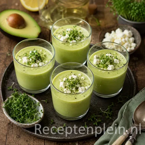 Avocado groentesoep recept op een rustieke houten tafel