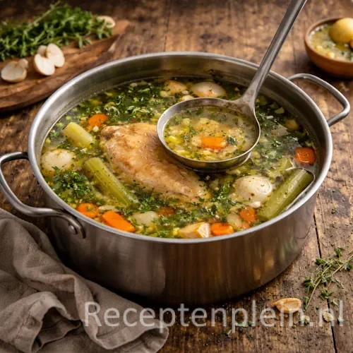 Een rijke, heldere kippenbouillon getrokken van kip, wortel, ui, bleekselderij en verse kruiden. Langzaam gesudderd voor maximale smaak, perfect als basis voor soepen, sauzen of om zo te drinken als verwarmende comfortsoep.