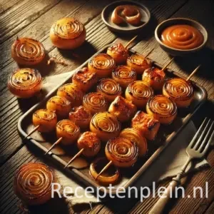 Zoete Ui Kipspiezen op rustieke houten tafel