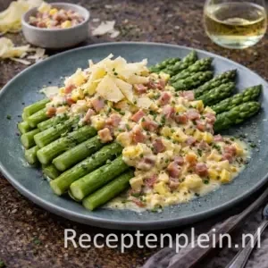 Groene asperges met boerenham en oude kaassaus op een rustieke houten tafel.