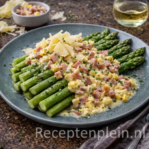 Groene asperges met boerenham en oude kaassaus op een rustieke houten tafel.