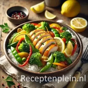 Hyperrealistische foodfoto van citroenkip met geroerbakte groenten en rijst in een grote rustieke keramische kom op een houten tafel, licht uitgezoomd zodat het tafelblad goed zichtbaar is. Witte rijst vormt de basis met goudbruin gebakken plakjes kip in citroenglazuur, omringd door broccoli, peultjes, rode paprika en wortel. Gegarneerd met citroenpartjes en verse kruiden, met een schaaltje saus, bestek en een linnen doek in helder natuurlijk daglicht en premium foodmagazine stijl.