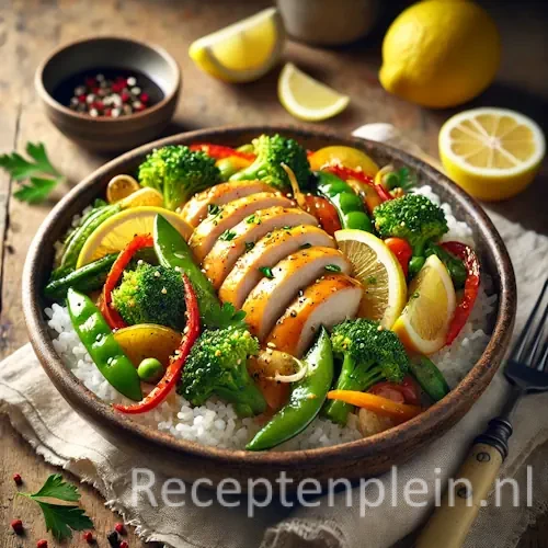 Hyperrealistische foodfoto van citroenkip met geroerbakte groenten en rijst in een grote rustieke keramische kom op een houten tafel, licht uitgezoomd zodat het tafelblad goed zichtbaar is. Witte rijst vormt de basis met goudbruin gebakken plakjes kip in citroenglazuur, omringd door broccoli, peultjes, rode paprika en wortel. Gegarneerd met citroenpartjes en verse kruiden, met een schaaltje saus, bestek en een linnen doek in helder natuurlijk daglicht en premium foodmagazine stijl.