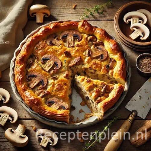 Hyperrealistische foodfoto van een goudbruine champignon- en gerookte kiptaart in een ronde keramieken ovenschaal op een rustieke houten tafel. De taart heeft een knapperige, bladerdeegkorst en een punt is uitgesneden waardoor de romige vulling met stukjes champignon en gerookte kip zichtbaar is. Rondom liggen verse champignons, takjes tijm, een taartschep en een linnen doek, met kruimels op de houten tafel. Warm natuurlijk licht benadrukt de krokante korst en geeft een sfeervolle premium food magazine uitstraling.