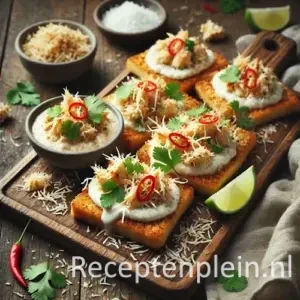 Natuurlijk ogende foodfoto van krokante rijsttoastjes belegd met romige kokoskip, verse koriander en rode peper, geserveerd op een houten plank op een rustieke houten tafel met limoenpartjes, kokosrasp en linnen doek in zacht diffuus daglicht.