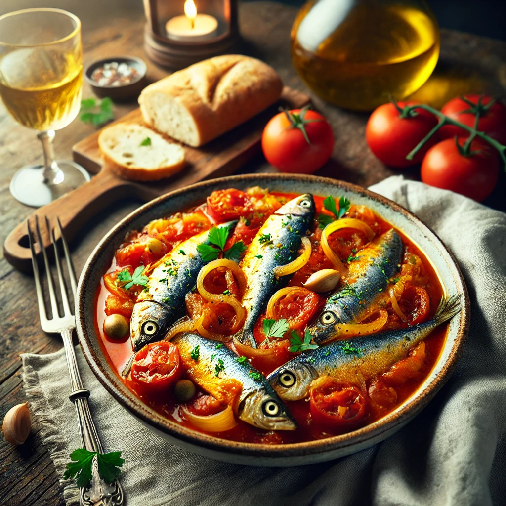 Mediterrane visstoofpot met zeewolf en sardines in een saffraan-tomatensaus, geserveerd in een diepe kom en gegarneerd met verse peterselie, met knapperig brood aan de zijkant.