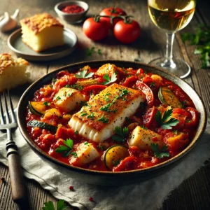 Mediterrane visstoofpot met zeewolf in een rijke tomatensaus, geserveerd in een diepe kom en gegarneerd met verse peterselie, met een stuk knapperig maïsbrood aan de zijkant.