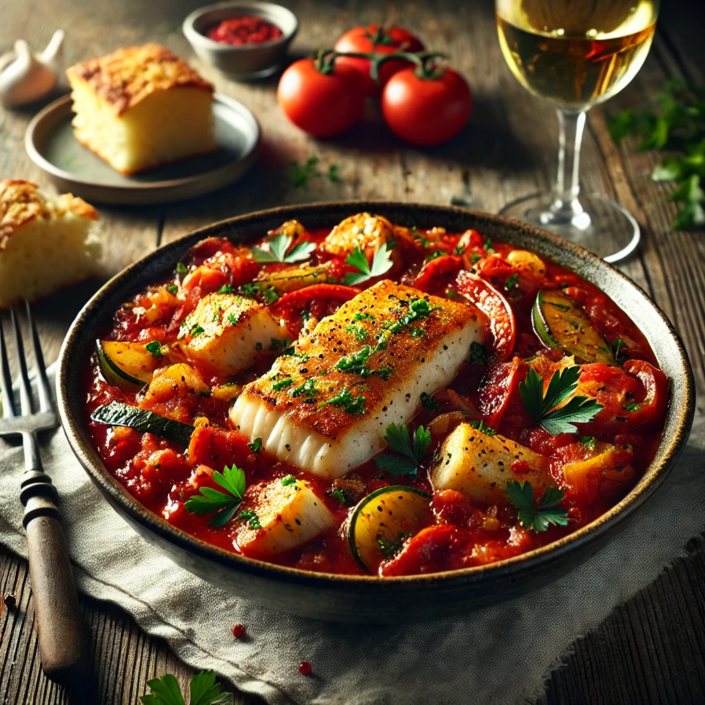 Mediterrane visstoofpot met zeewolf in een rijke tomatensaus, geserveerd in een diepe kom en gegarneerd met verse peterselie, met een stuk knapperig maïsbrood aan de zijkant.