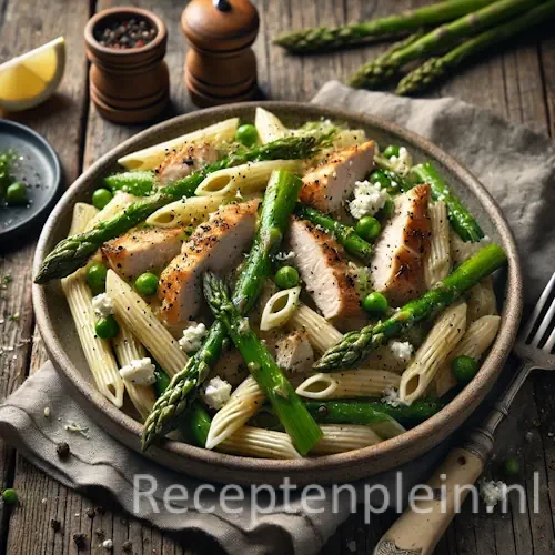 Natuurlijk ogende foodfoto van pipe rigate pasta met gegrilde kipfilet, groene asperges en verkruimelde geitenkaas in een keramische kom op een rustieke houten tafel, met citroen, peper en linnen doek in zacht diffuus daglicht en een huiselijke uitstraling.