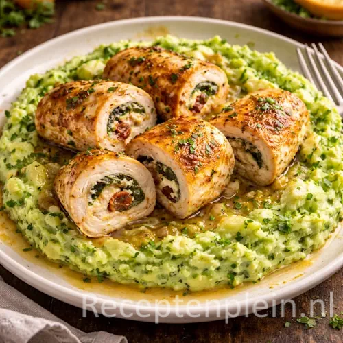 Sappige kiprolletjes gevuld met romige ricotta, spinazie en zongedroogde tomaat, goudbruin gebakken en geserveerd op een zachte peterseliepuree. Afgewerkt met een lichte kruidensaus voor extra smaak. Een elegant hoofdgerecht met een frisse, romige en hartige balans — perfect voor een bijzonder diner.
