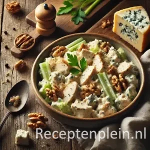Hyperrealistische foodfoto van romige kipsalade met Roquefort in een keramieken kom op een rustieke houten tafel. De salade bevat malse stukjes kip in een romige dressing met zichtbare blauwe kaaskruimels, selderijstengels en walnoten, gegarneerd met verse peterselie en zwarte peper. Rondom liggen een stuk Roquefort op een houten plankje, losse walnoten, een linnen doek en een rustieke lepel. Warm natuurlijk licht benadrukt de romige textuur en geeft een premium food magazine uitstraling.