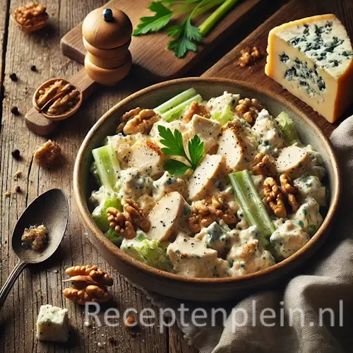 Hyperrealistische foodfoto van romige kipsalade met Roquefort in een keramieken kom op een rustieke houten tafel. De salade bevat malse stukjes kip in een romige dressing met zichtbare blauwe kaaskruimels, selderijstengels en walnoten, gegarneerd met verse peterselie en zwarte peper. Rondom liggen een stuk Roquefort op een houten plankje, losse walnoten, een linnen doek en een rustieke lepel. Warm natuurlijk licht benadrukt de romige textuur en geeft een premium food magazine uitstraling.