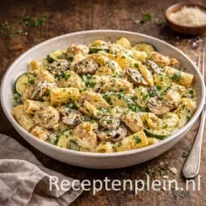 Een romige pastaschotel met malse stukjes kip, gebakken courgette en champignons in een zachte roomsaus. Afgewerkt met geraspte Parmezaanse kaas en verse peterselie voor extra smaak. Een heerlijk doordeweeks comfortgerecht dat snel op tafel staat en toch luxe aanvoelt.