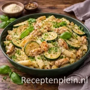 Romige pasta met kip en courgette in een diepe donkergroene keramische pastaschaal met penne, gegrilde kipstukjes en plakjes courgette in een romige saus, geserveerd op een rustieke houten tafel met verse basilicum, Parmezaanse kaas en een linnen doek bij warm natuurlijk licht.