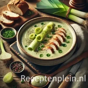 Hyperrealistische foodfoto van romige preisoep met plakjes gerookte kip in een rustieke keramieken kom op een houten tafel. De soep is lichtgroen en romig, gegarneerd met versgemalen peper en ringetjes lente-ui. Rondom liggen verse preien, een houten lepel met soep, grofgesneden boerenbrood op een snijplank, een linnen doek en een schaaltje met peperkorrels. Warm natuurlijk zijlicht zorgt voor een sfeervolle, premium food magazine uitstraling met zichtbare houtstructuur van de tafel.