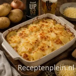 Aardappel ovenschotel recept op een rustieke houten tafel