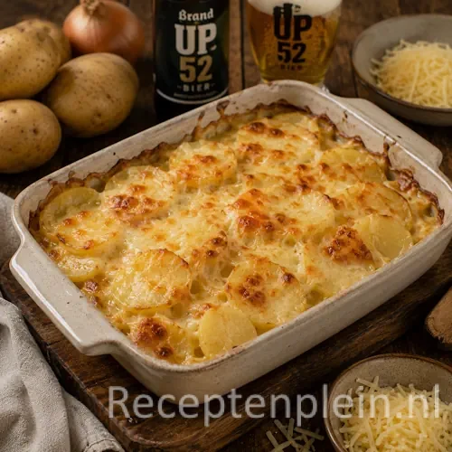 Aardappel ovenschotel recept op een rustieke houten tafel