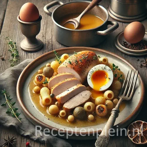 Hoevekip lage temperatuur met gevuld eitje en ragout op rustieke houten tafel