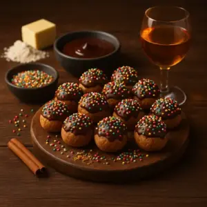 Realistische foto van gedecoreerde speculaasballetjes met chocolade en suikerparels, op een rustieke houten tafel met ingrediënten en een glas Muscat-wijn ernaast.