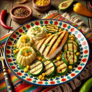 Gegrilde tilapiafilet met romige stamppot van aardappelen, maïs en een vleugje munt, geserveerd met gegrilde courgetteplakken. Het gerecht is kleurrijk gepresenteerd en gegarneerd met verse kruiden voor een smakelijke en frisse maaltijd.