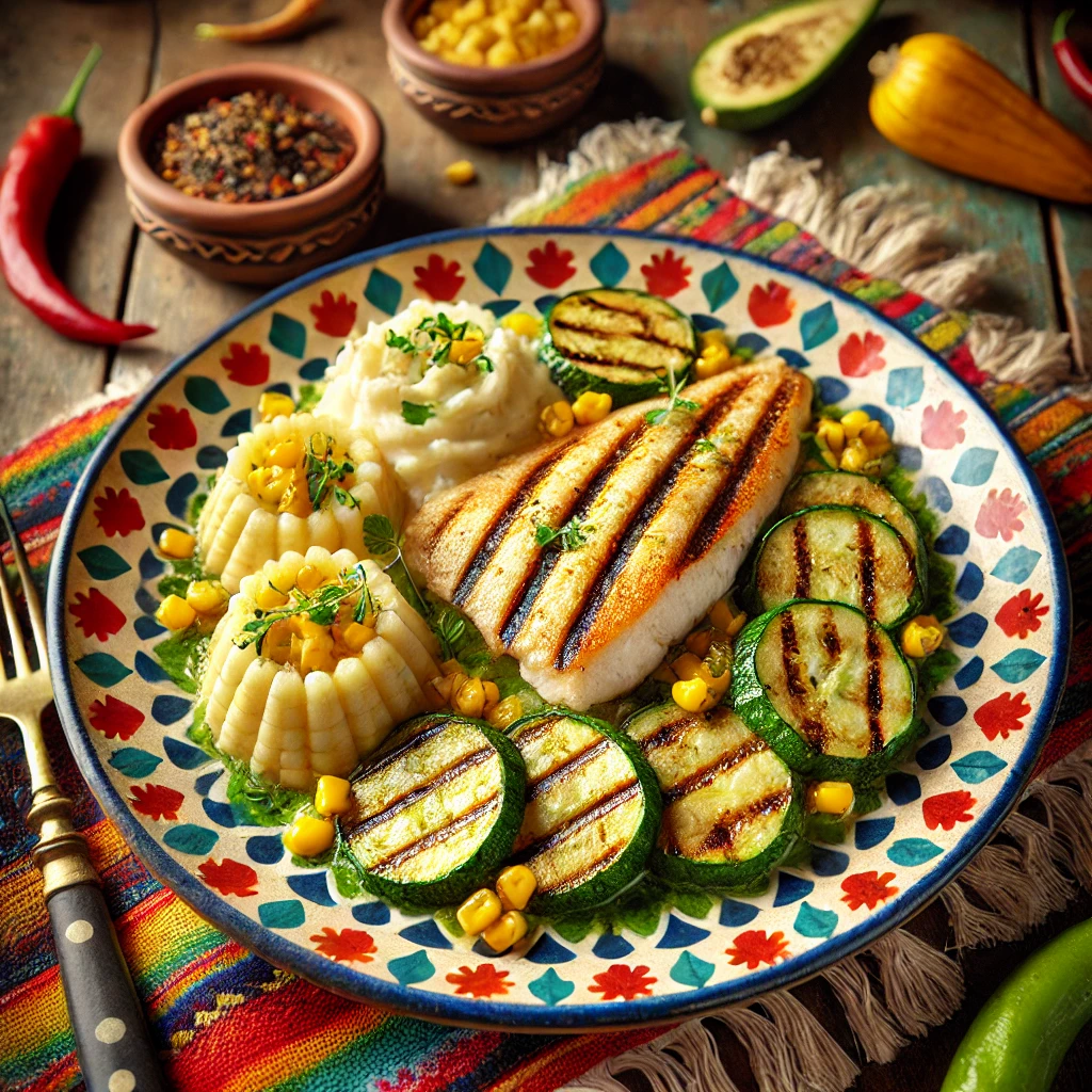 Gegrilde tilapiafilet met romige stamppot van aardappelen, maïs en een vleugje munt, geserveerd met gegrilde courgetteplakken. Het gerecht is kleurrijk gepresenteerd en gegarneerd met verse kruiden voor een smakelijke en frisse maaltijd.