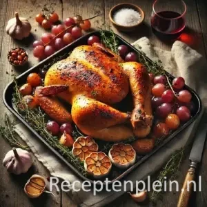 Hyperrealistische foodfoto van een goudbruin geroosterde scharrelkip in een gietijzeren pan op een rustieke houten tafel. De kip heeft knapperig vel en is omringd door gepofte knoflookbollen, verse takjes tijm en geroosterde rode en groene druiven. Rondom liggen een linnen doek, een rustiek mes, een schaaltje grof zeezout en een glas rode wijn. Warm natuurlijk licht benadrukt de textuur van het krokante vel en de houtstructuur van de tafel, met een sfeervolle premium food magazine uitstraling.