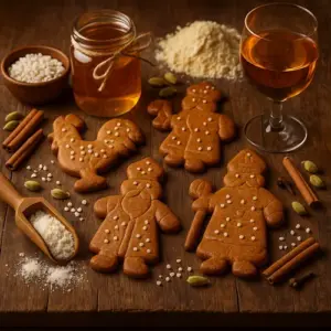 Realistische foto van honingkruidnoten taaitaai met suikerparels op een rustieke houten tafel met ingrediënten en een glas Muscat-wijn.
