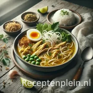 Natuurlijk ogende foodfoto van Indonesische Soto Ajam met goudgele kurkumabouillon, pulled chicken, glasnoedels, taugé en halfgekookt ei in een keramische kom op een rustieke houten tafel, geserveerd met limoen, gebakken uitjes en een schaaltje witte rijst in zacht daglicht.