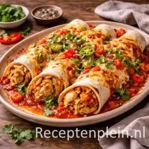 Kip tortilla’s met sugo en gesmolten kaas op een ovale keramische schaal, gevuld met malse kip en tomatensaus en gegarneerd met jalapeño, rode ui en verse koriander, geserveerd op een rustieke houten tafel met extra saus en een linnen doek bij warm natuurlijk licht.