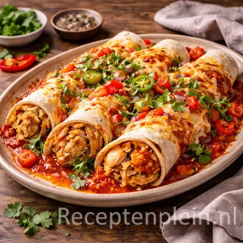 Kip tortilla’s met sugo en gesmolten kaas op een ovale keramische schaal, gevuld met malse kip en tomatensaus en gegarneerd met jalapeño, rode ui en verse koriander, geserveerd op een rustieke houten tafel met extra saus en een linnen doek bij warm natuurlijk licht.