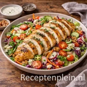 Knapperige wintersalade met gegrilde kipfilet in een grote aardewerken schaal met kleurrijke groenten, radijs, komkommer, rodekool en cherrytomaten, geserveerd op een rustieke houten tafel met walnoten, dressing en een linnen doek bij warm natuurlijk licht.