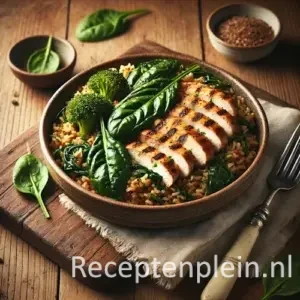 Natuurlijk ogende foodfoto van kruidige rijst met spinazie en gegrilde kipfilet in een keramische kom op een warm bruine houten tafel met duidelijke houtstructuur, geserveerd met linnen doek en vork in zacht diffuus daglicht voor een huiselijke sfeer.