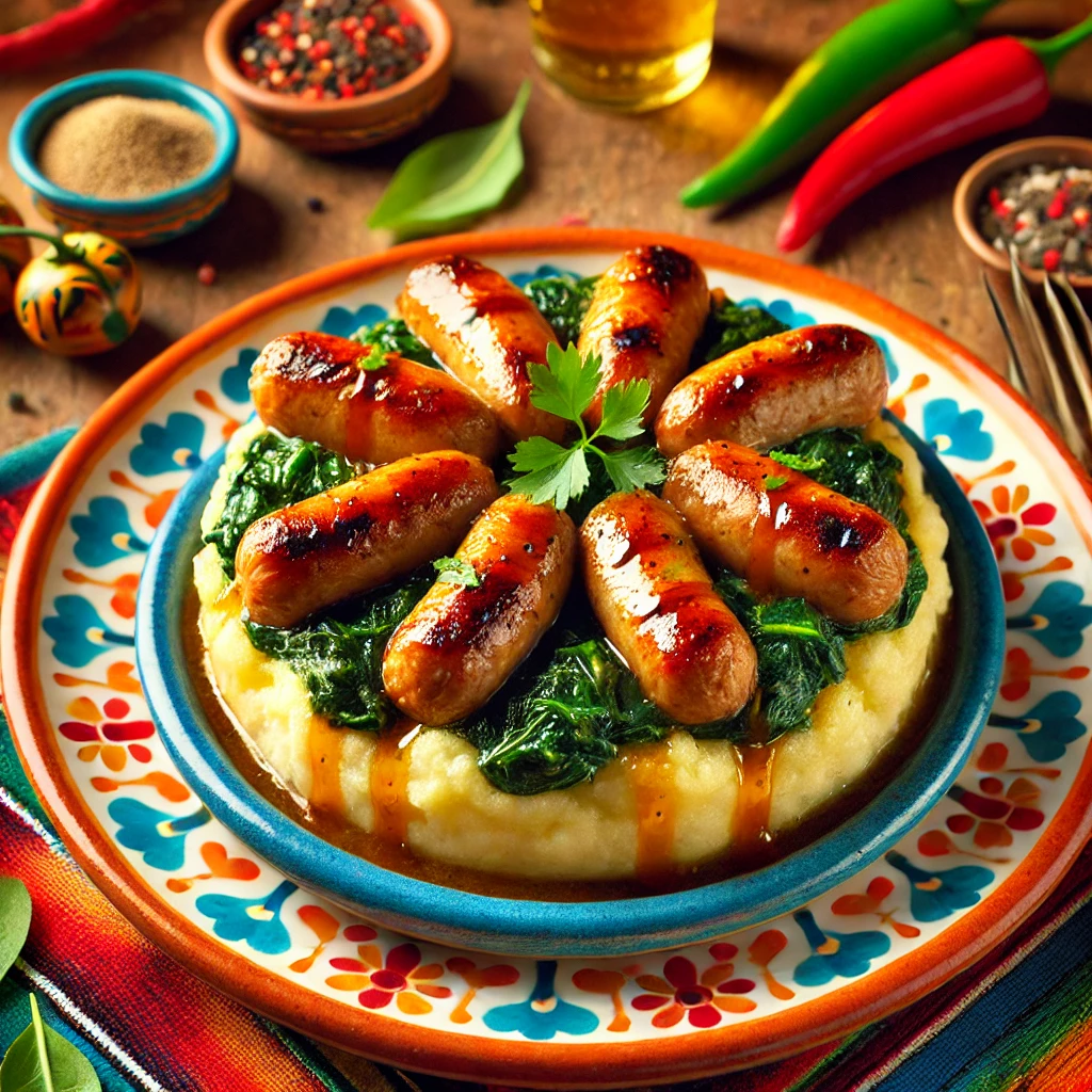Moderne Spaanse stamppot met romige aardappelpuree, gemengd met knoflookspinazie, en geserveerd met goudbruin gebakken Catalaanse worstjes. Het gerecht is rijk van smaak en prachtig gepresenteerd, gegarneerd met een vleugje olijfolie en verse kruiden.
