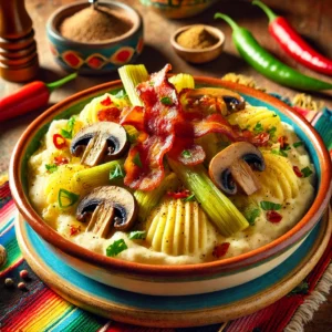 Romige aardappel-preistamppot, gemengd met gestoofde prei en gegarneerd met krokante bacon en gebakken oesterzwammen. Het gerecht is smaakvol gepresenteerd in een kleurrijke schaal en afgemaakt met een vleugje versgemalen zwarte peper en kruiden.