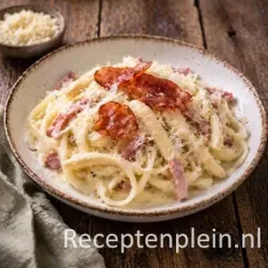 Romige Asperge Spaghetti met Ham op rustieke houten tafel