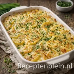 Romige aardappelschotel met kruiden uit de oven op een rustieke houten tafel.