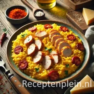 Hyperrealistische foodfoto van goudgele saffraanrisotto met plakjes gegrilde kip en knapperig gebakken chorizo op een rustieke houten tafel. De romige risotto ligt op een brede keramieken schaal en is gegarneerd met verse peterselie. Rondom staan een schaaltje saffraandraadjes, een stuk Parmezaanse kaas, een houten lepel met risotto, een linnen servet en een glas witte wijn. Warm natuurlijk licht benadrukt de smeuïge textuur van de rijst en de diepe rode tint van de chorizo, met een premium food magazine uitstraling.