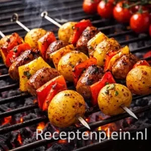 Spaanse barbecue spiezen op een rustieke houten tafel